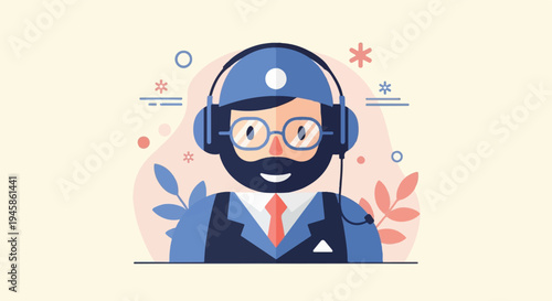 A cheerful man with a beard and headset, wearing glasses and a suit