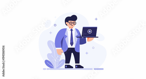 A cheerful person in formal attire presents a laptop on a digital platter