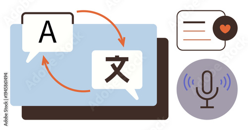 Language learning, translation apps, global communication, speech tools, multilingual interaction, tech interfaces. Arrows connect speech bubbles with letters, microphone symbol heart. Language
