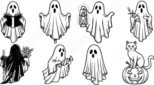 A collection of spooky, hand-drawn illustrations featuring friendly ghosts and a black cat on a pumpkin