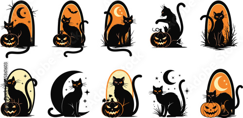 Collection of ten Halloween black cat and pumpkin illustrations with moons, stars and bats for festive vector design projects