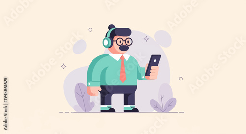 A cartoon man with headphones and glasses holds a phone