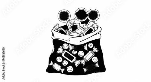 A black sack brimming with assorted sweets and three lollipop treats