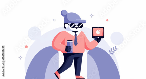 A cartoon panda in a hat and sunglasses holds a tablet and coffee