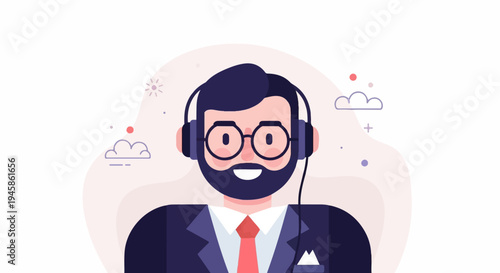 A cartoon man with headphones, glasses, and a beard wears a suit