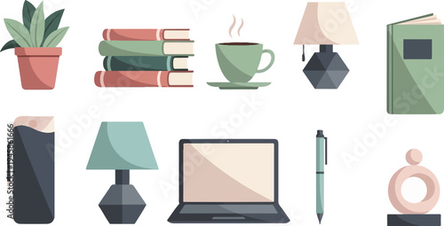 A collection of everyday items including a plant, books, and tech gadgets