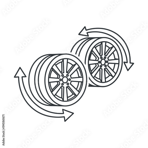 Black and white illustration of two car tires with arrows rotating around them in a circular motion
