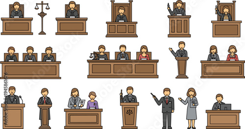 Collection of cartoon courtroom scene illustrations with judges, lawyers, witnesses and defendants for law and justice vector design projects