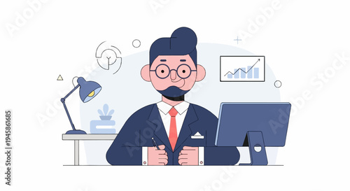 A cartoon businessman in a suit sits at a desk with a computer and lamp