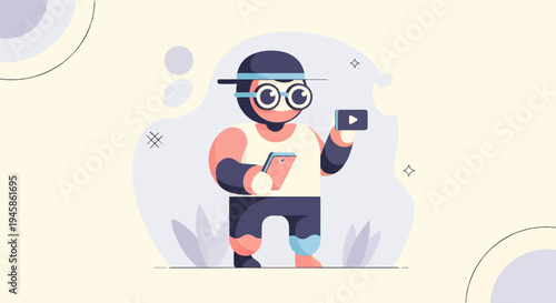 A cartoon person in a hat with glasses holding a phone and video icon