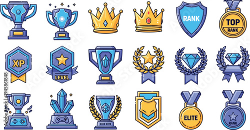 Gaming achievement badges trophies crowns shields medals and rank reward icons cartoon vector set