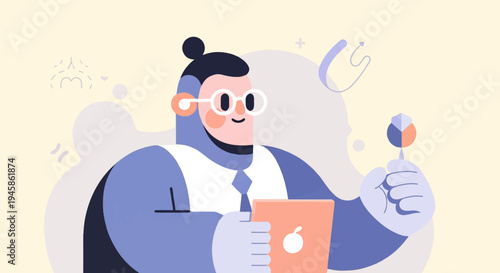 A cartoon character in a blue suit holding a tablet and a dart