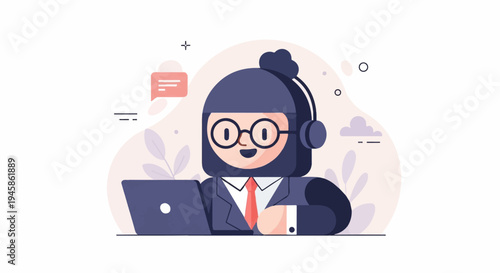 A friendly customer service representative with headphones and glasses works on a laptop