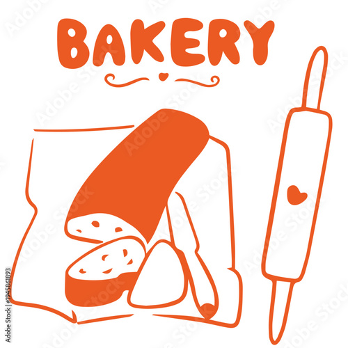Bakery hand drawn doodle with bread bag slices rolling pin baking illustration