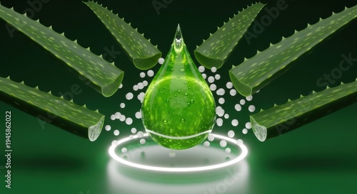 Aloe vera gel droplet with aloe leaves on dark green background