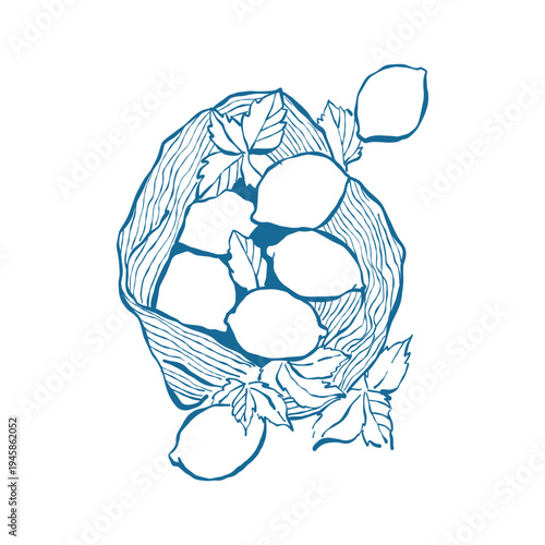 Illustration of lemons and leaves in a wicker beach bag. Citrus vector outline clip art in blue. Summer composition with lemons. 