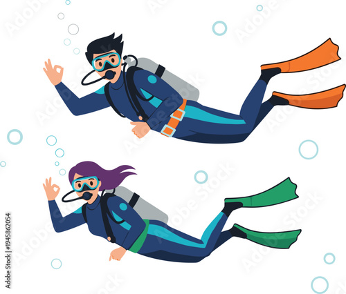 Scuba divers underwater with oxygen tanks and flippers diving sport flat vector illustration set isolated