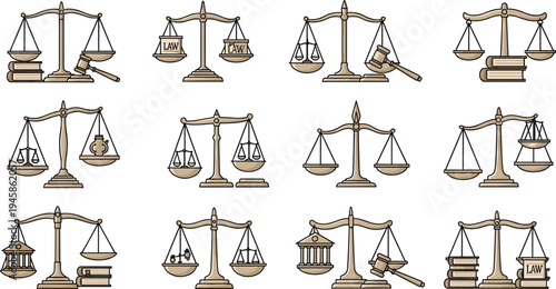 Collection of twelve law and justice balance scale illustrations with gavels, books and courthouse symbols for legal vector design projects