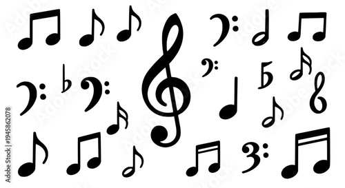 Music notes vector set with treble clef and various black musical symbols featuring illustration, melody, harmony with