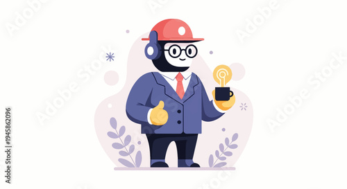 A cartoon character in a suit and hard hat gives a thumbs up while holding a lightbulb in a cup