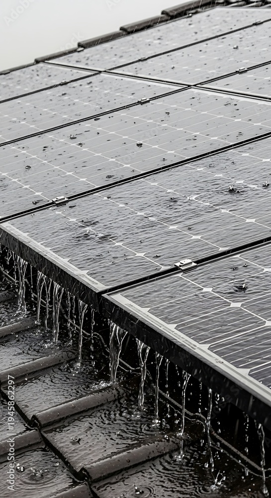 Obraz premium Solar panels on roof with rainwater flowing off the edge efficiently