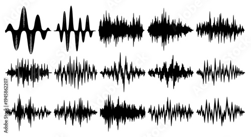 Sound waves set with various black line patterns and textures on white background featuring waveform, audio signal,