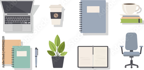 A clean, organized workspace with a laptop, notebooks, coffee, plant, and chair