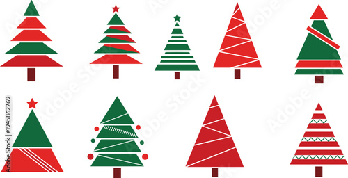 Minimal Christmas Tree Collection Modern Geometric Holiday Trees Red and Green Festive Vector Illustration