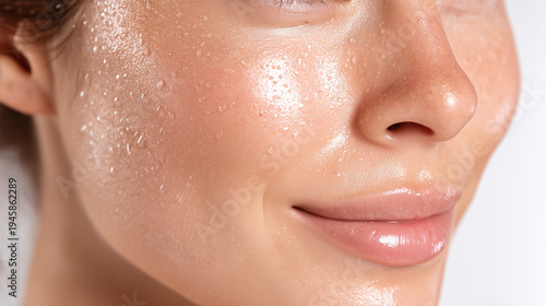 Glowing cheek with gentle mist droplets, dewy skin texture and soft smile on close up face, radiant skincare hydration and natural beauty glow