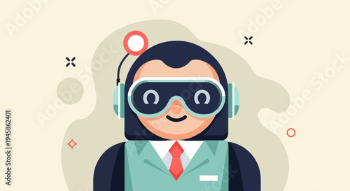 A friendly, stylized robot wearing a suit and headphones, depicted with vibrant colors
