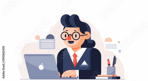 A cartoon character in business attire using a laptop and desk items