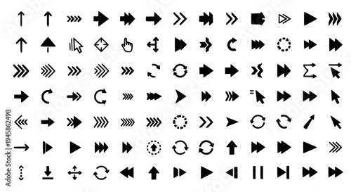 Arrows icon set with various black directional symbols and navigation signs. featuring icons, pointers, indicators with