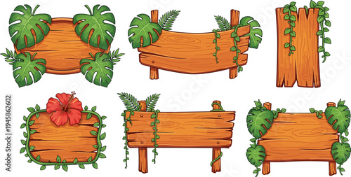 Wooden signboards with tropical leaves and flowers jungle banner frames flat vector illustration set isolated