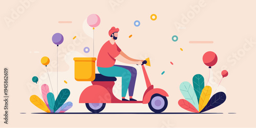 Kidult man riding scooter with balloons and colorful decorations vector illustration of playful adult lifestyle and delivery concept in flat design isolated on light background