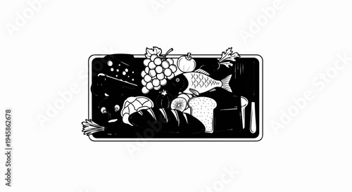 A black and white sketch shows a still life of various food items
