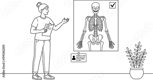 Line art illustration of a female doctor holding a clipboard and pointing at a human skeleton X-ray for medical diagnosis