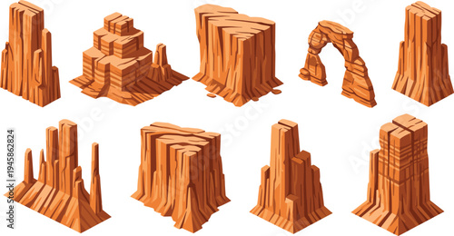 Desert rock formations collection canyon sandstone cliffs and natural arches flat vector illustration set isolated