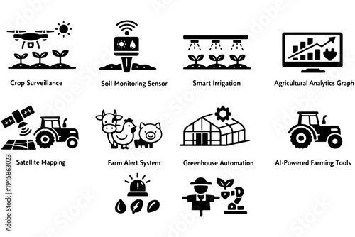 AgriTech Icon Set – Smart Farming, Drone, Sensor, AI and Automation Vector Symbols