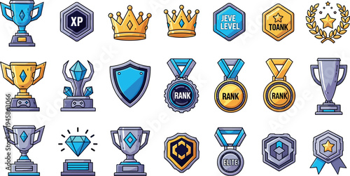 Game achievement badges trophies crowns shields medals and rank icons vector set for gaming UI rewards levels and competitions