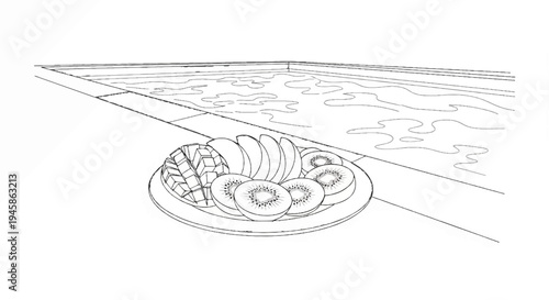 A fruit platter sits on a poolside with a shimmering pool in the background