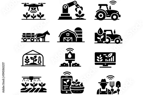 Future Farming Technology Vector Icons – Smart Agriculture, Drones, Sensors, AI