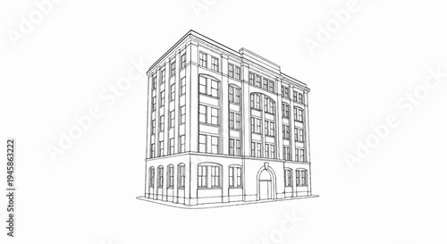 A black and white sketch of a multi-story building with many windows