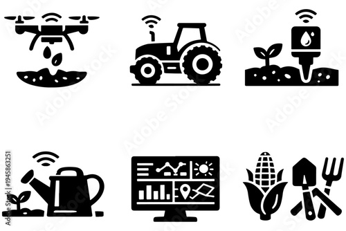 Innovative Agriculture Technology Icons – Drones, Smart Irrigation, Data Analytics Farming Vector