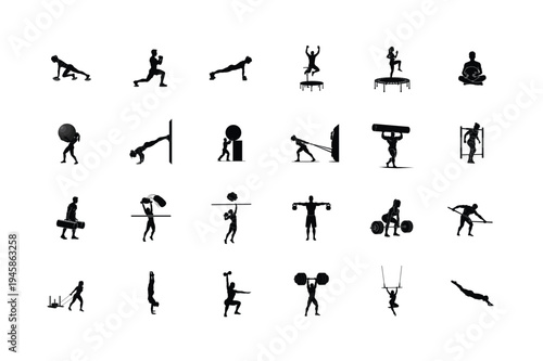 Athletic Leap, Hula Hooping, Side Plank, Mountain Climbers, Prosthetic Leg Sprinting, and Aerial Silks Silhouettes