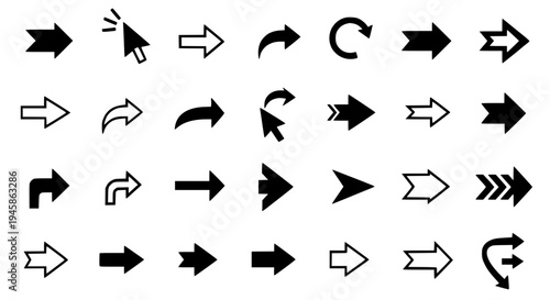 Arrows black set with curved and straight lines for navigation and direction featuring graphic resources, UI elements,
