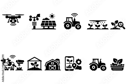 Modern Agriculture Technology Icons – AI Farming, Drones, Sensors, Automation System
