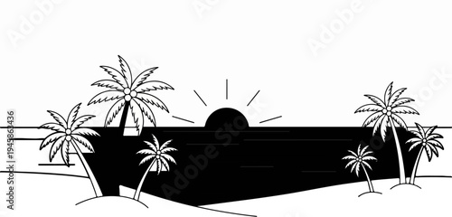 A black and white silhouette of a tropical beach scene with palm trees and a setting sun over the ocean
