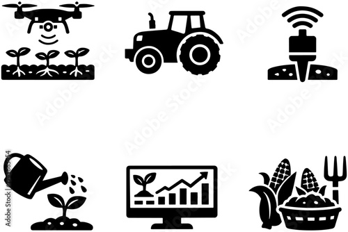 Precision Farming Line Icons – Agricultural Drone, Smart Irrigation, Data Analytics Symbols