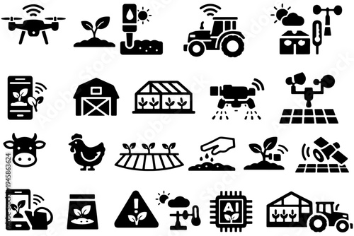 Smart Farming Technology Icons – Drones, Sensors, AI, Automation Agriculture Vector