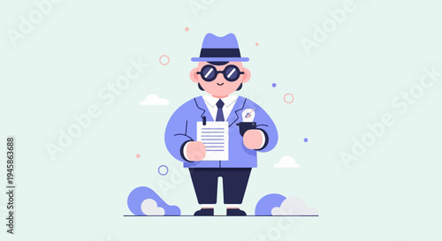 A cartoon detective in a fedora and suit holds a document, contemplating